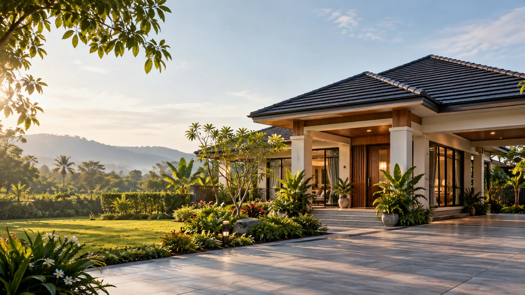 บ้านชั้นเดียวสไตล์ไทยร่วมสมัย หลังคาทรงปั้นหยา ล้อมรอบด้วยสวนเขียวขจีในแสงยามเย็น