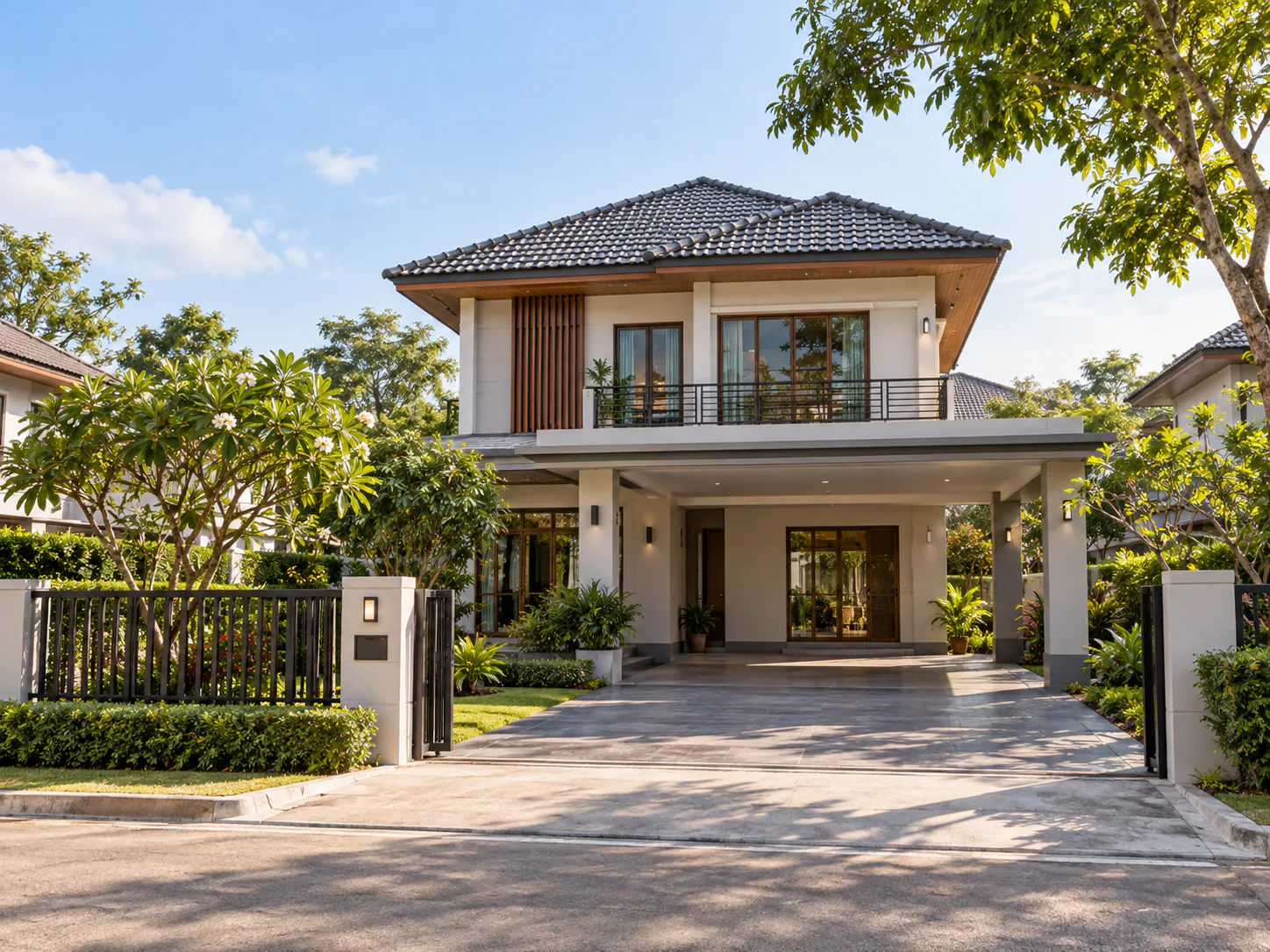 บ้านเดี่ยวสองชั้นมีรั้วและประตูรั้วด้านหน้า ในหมู่บ้านที่มีต้นไม้ร่มรื่น