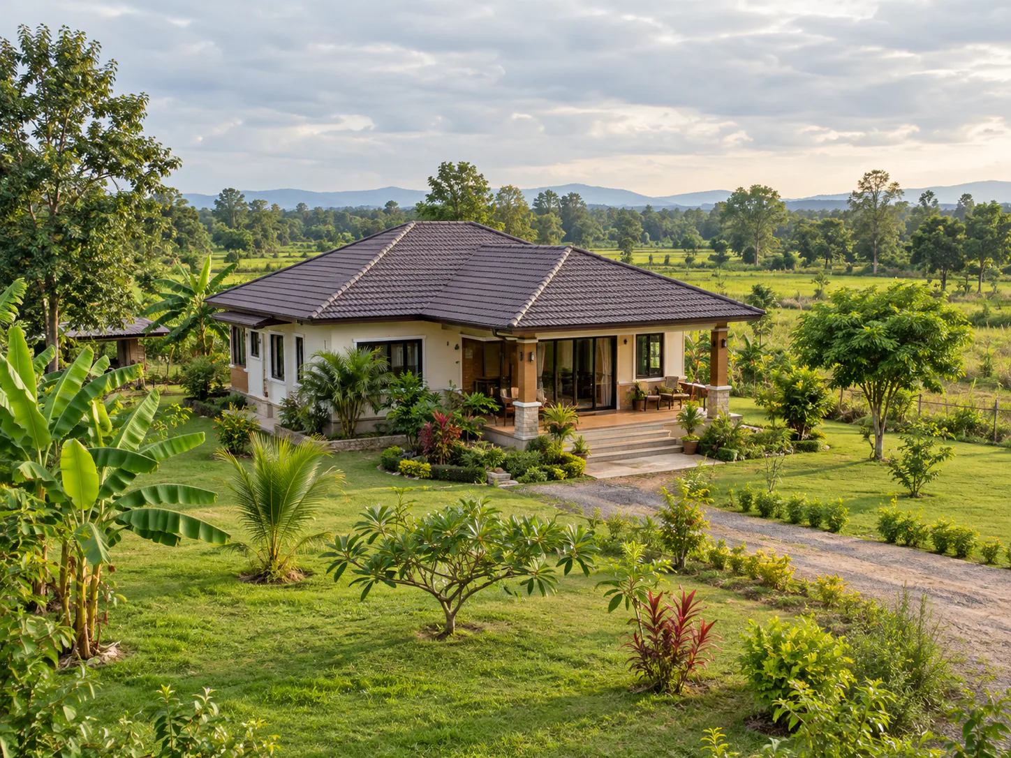 บ้านชั้นเดียวกลางสวนและทุ่งนา มีทิวเขาอยู่ไกล ๆ บรรยากาศชนบท